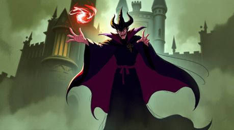An atmospheric digital sketch depicting a classic Disney villain casting a spell within the confines of an old castle. The sc