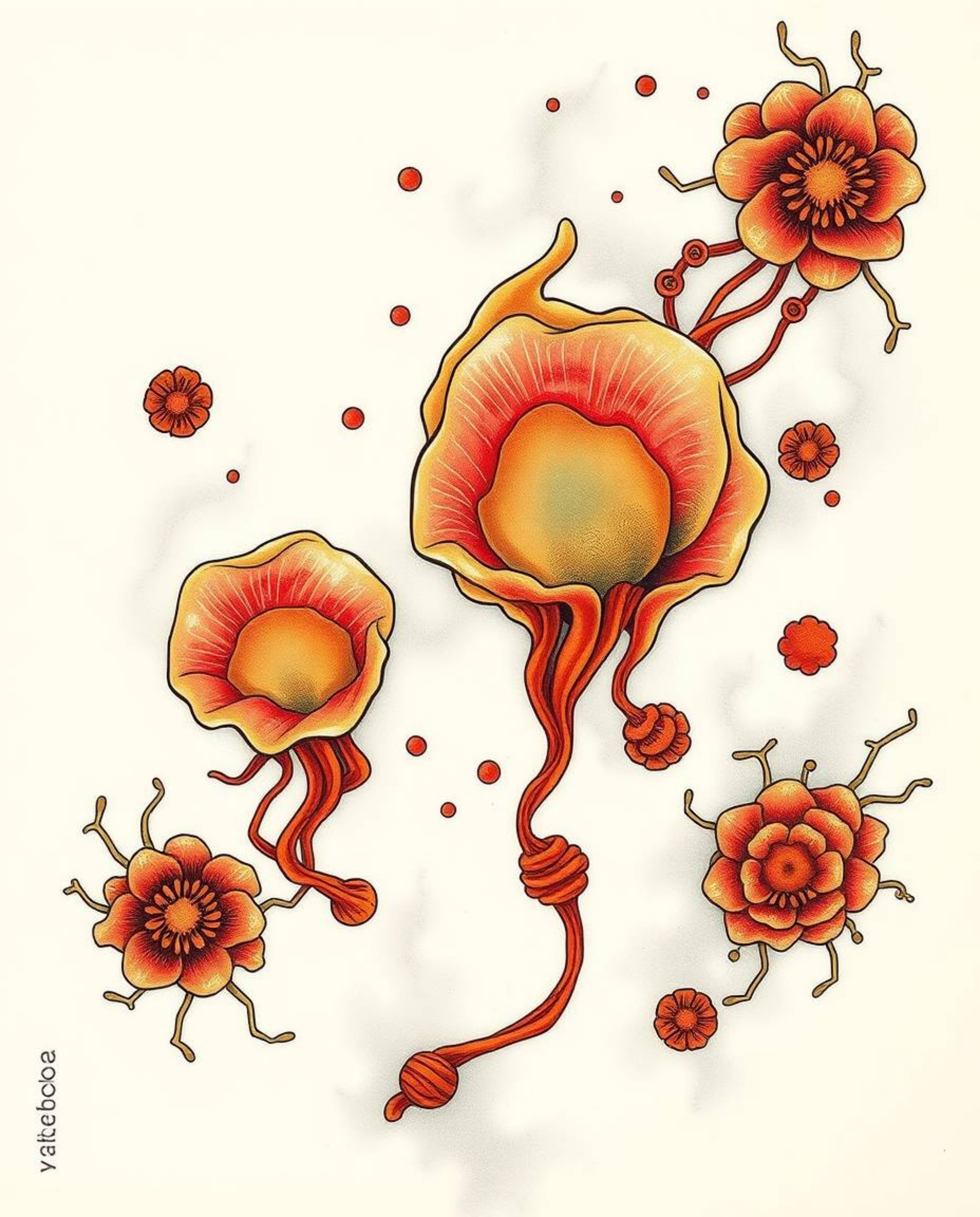 This artwork features a symbolic traditional tattoo art print showcasing translucent, fluid organic blobs elegantly floating 