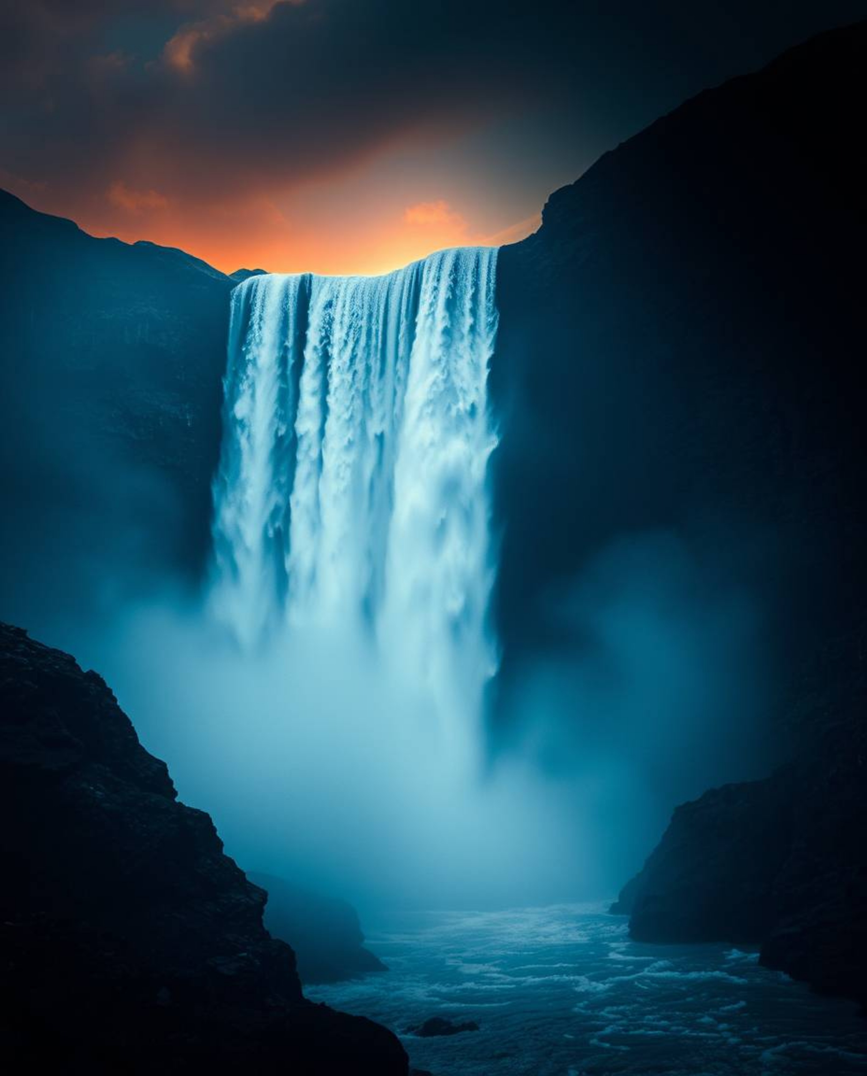 A moody cinematic-style depiction of a dramatic waterfall at sunset. This piece is characterized by its low contrast, film-li