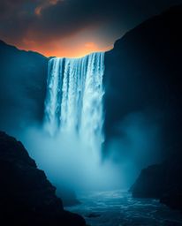 A moody cinematic-style depiction of a dramatic waterfall at sunset. This piece is characterized by its low contrast, film-li