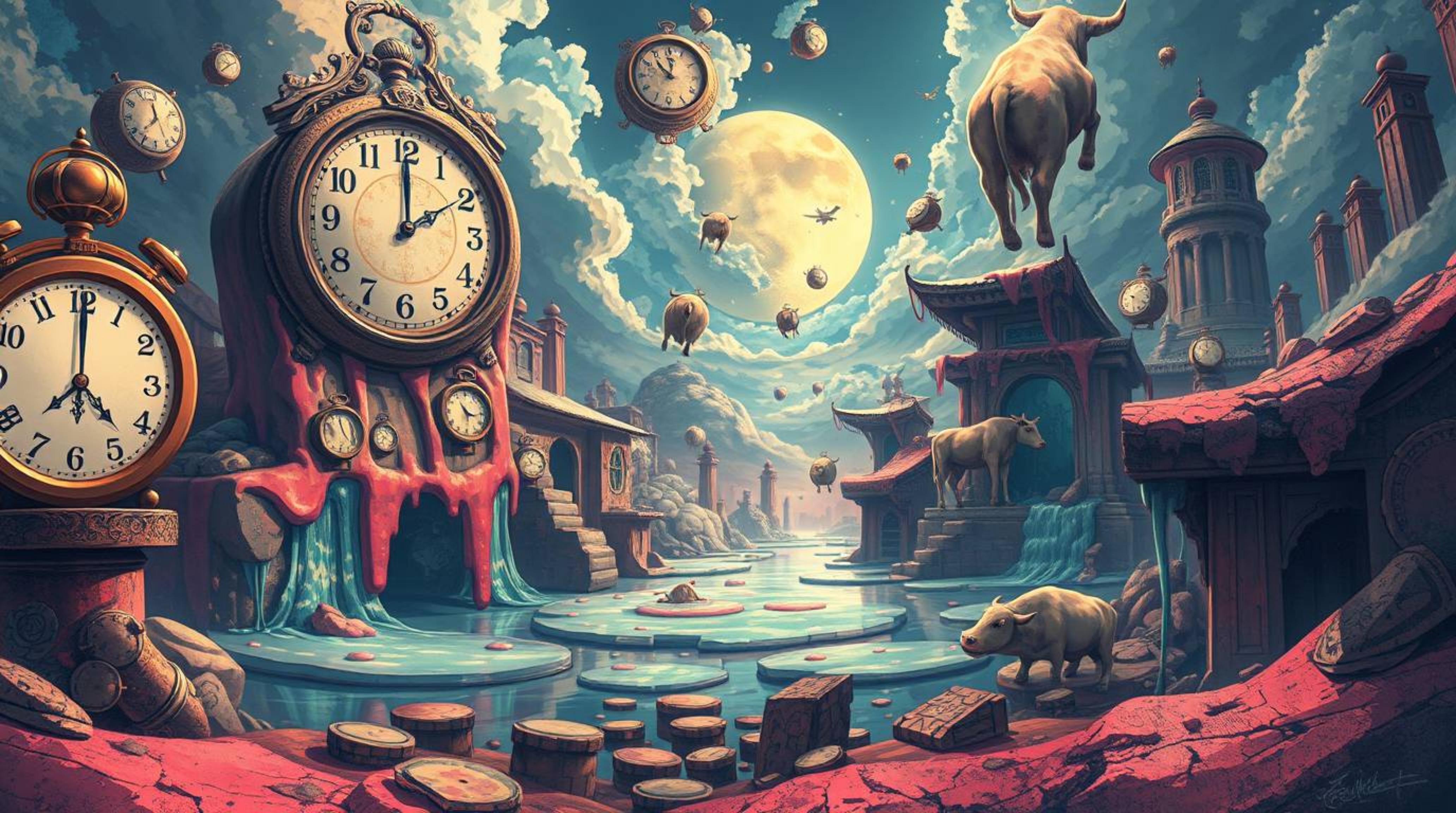 Explore a captivating Isekai anime-style digital painting that portrays a surreal dreamscape filled with melting clocks and f