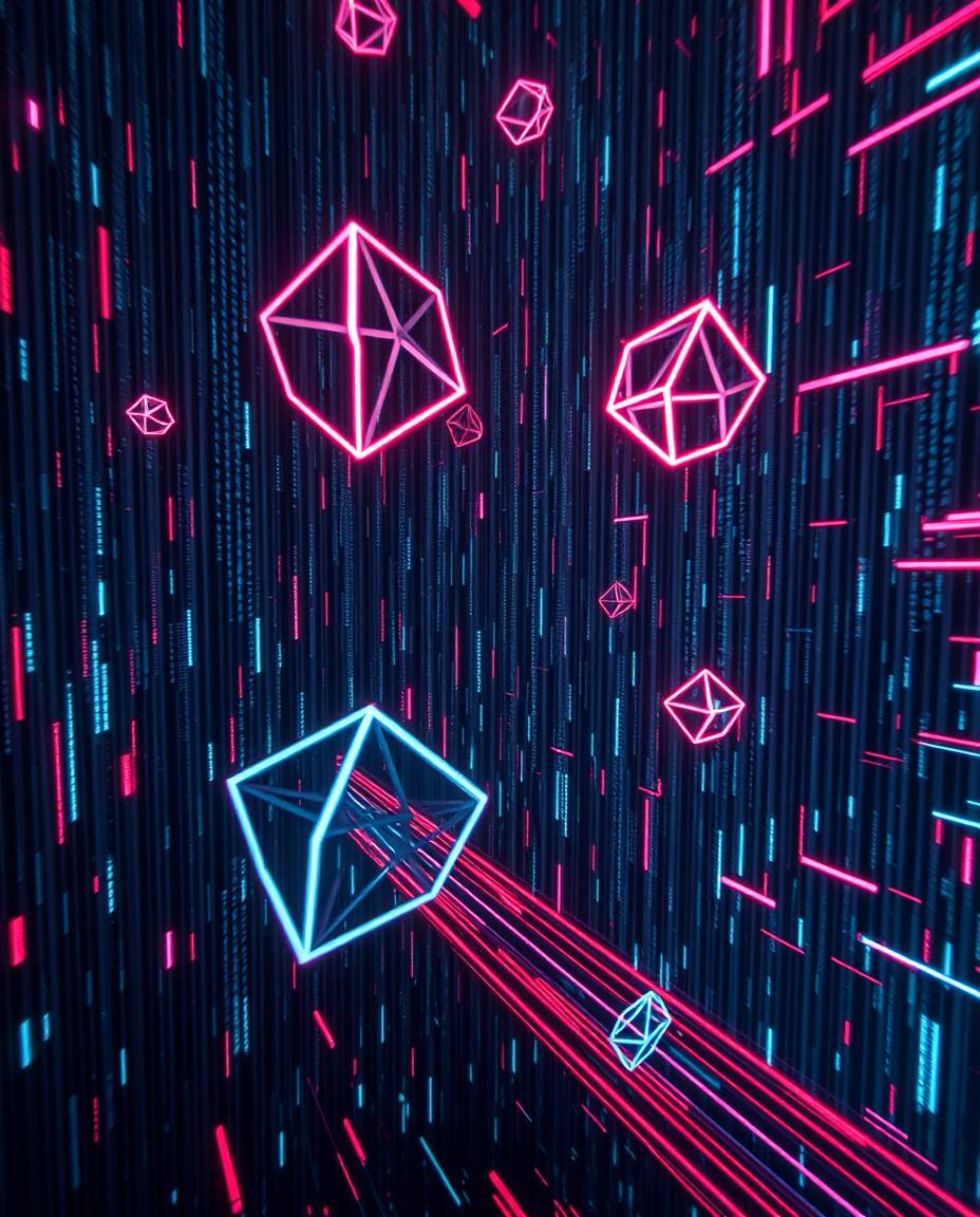 Explore a stunning long exposure photograph featuring glitched geometric shapes gracefully floating within a vibrant cyberspa