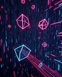 Explore a stunning long exposure photograph featuring glitched geometric shapes gracefully floating within a vibrant cyberspa
