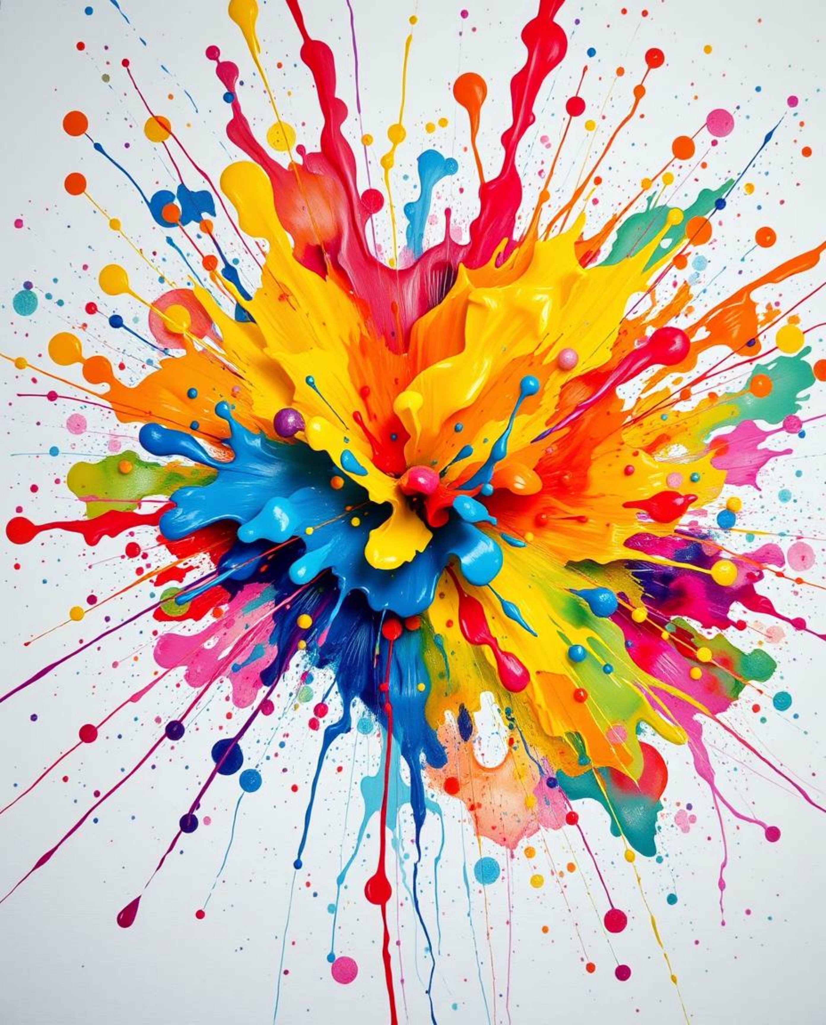 Experience a vibrant explosion of colorful paint splashes across a pristine white canvas in this high-detail abstract artwork