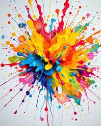 Experience a vibrant explosion of colorful paint splashes across a pristine white canvas in this high-detail abstract artwork