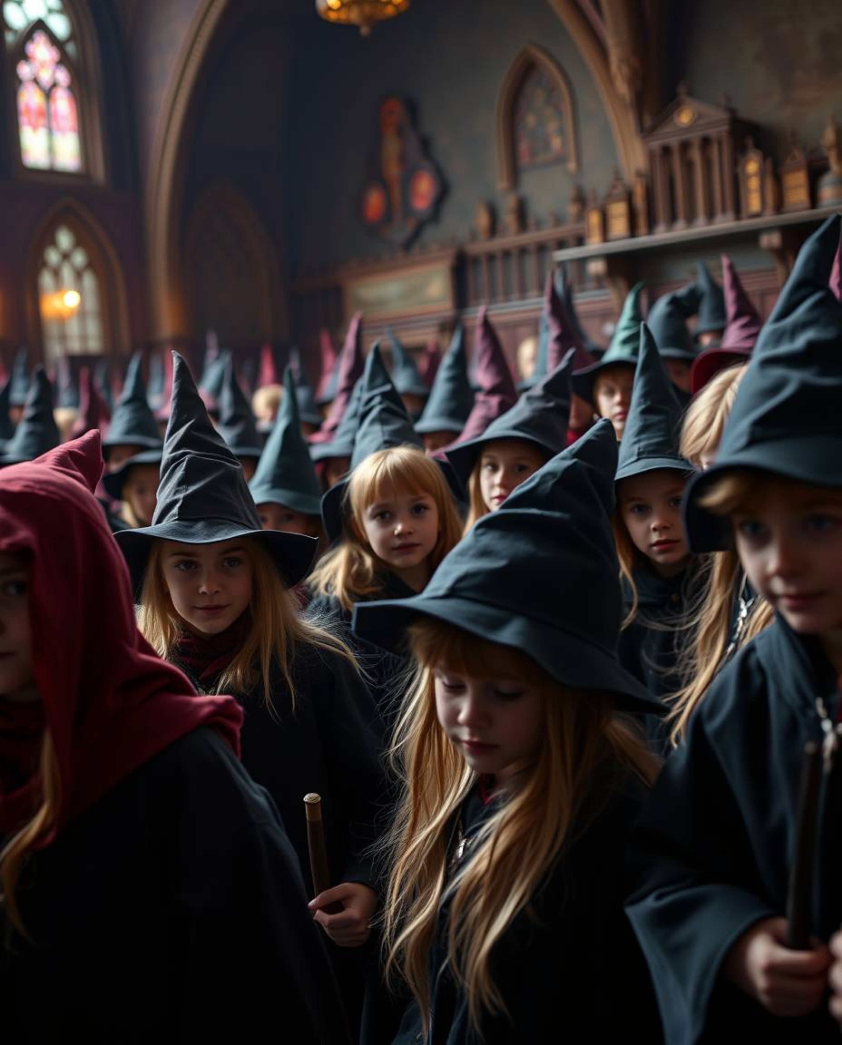 Explore a world of enchantment with young wizards in a captivating close-up shot, showcasing the intricate details of a magic