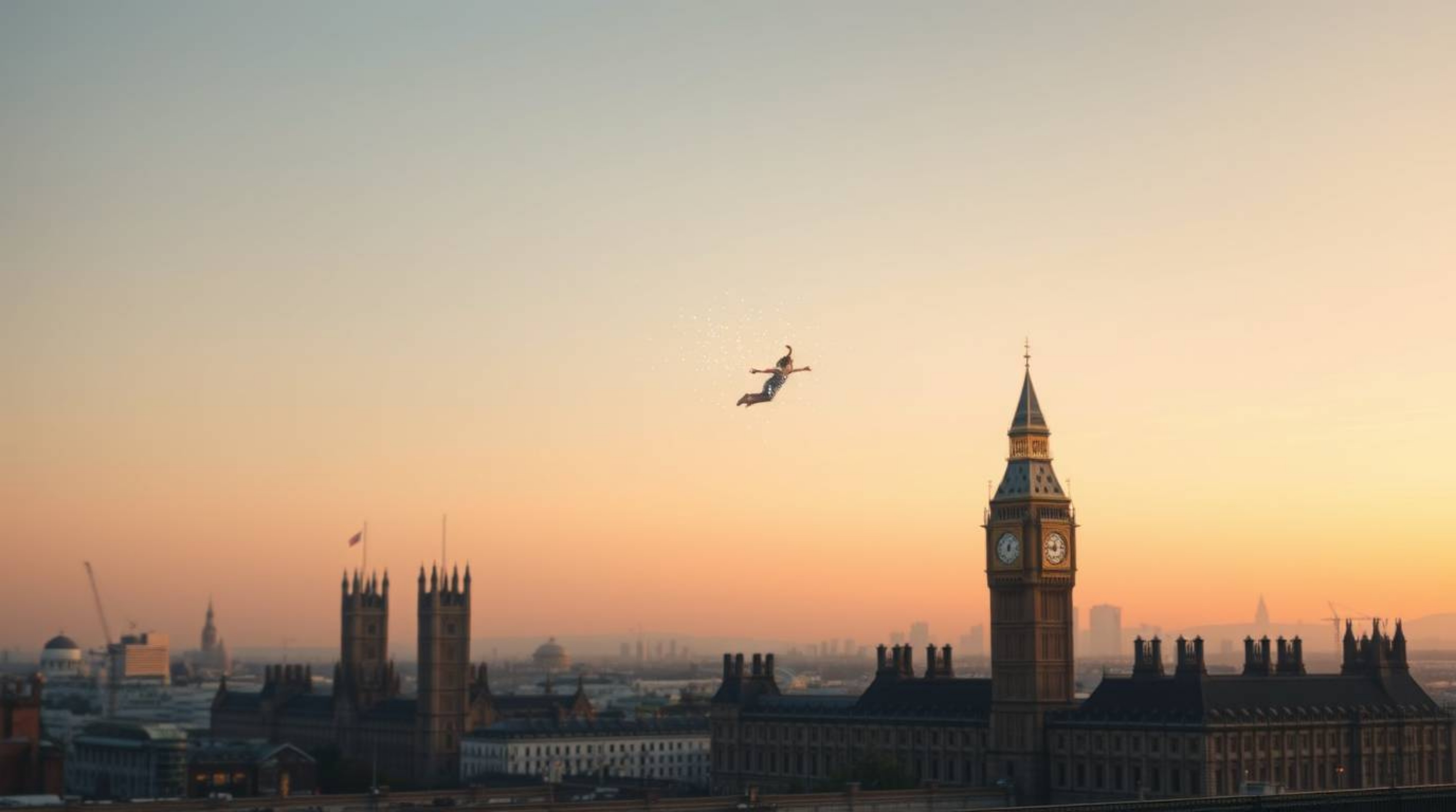 A captivating fine art photograph depicting a young boy seemingly flying above the London skyline, surrounded by shimmering p