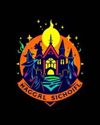 A captivating logo design for a magical school brimming with young wizards.  The design utilizes electric vivid colors and sh