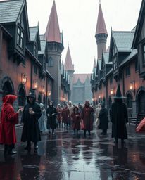 Experience a surreal and otherworldly scene of a magical school teeming with young wizards, captured in infrared tones agains