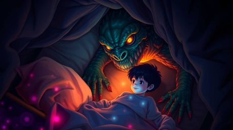 A heartwarming digital illustration depicts an unlikely friendship between a child and a bioluminescent monster hiding under 