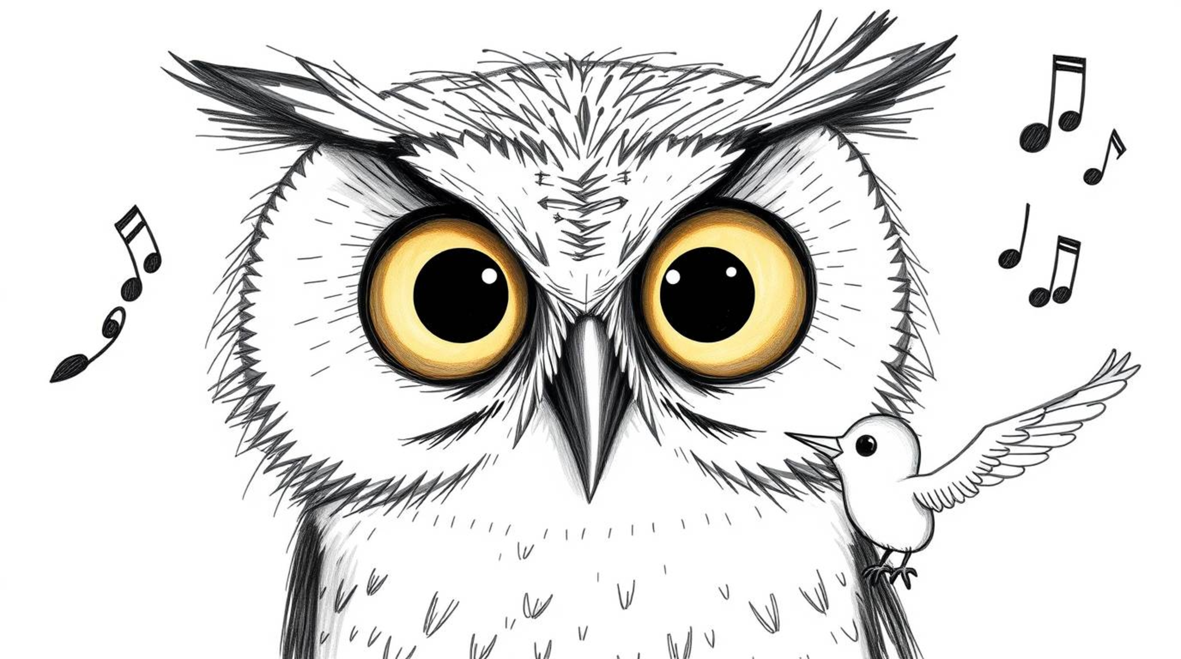 A captivating hand-drawn depiction of a blind owl with large, expressive eyes, rendered in a Pixar style. The owl, despite it