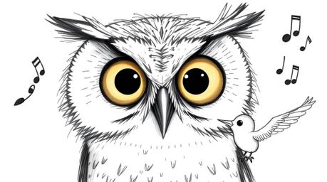 A captivating hand-drawn depiction of a blind owl with large, expressive eyes, rendered in a Pixar style. The owl, despite it