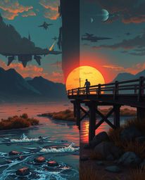 A digital painting in a distinct split futuristic sci-fi style, depicting an old wooden bridge over a river at sunset. The ar