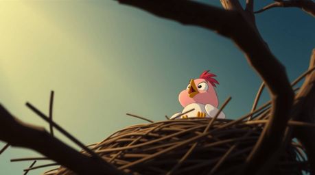 A captivating low-angle shot showcases two charming cartoon birds diligently constructing their nest. Rendered in a classic