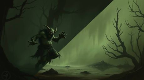 A captivating image depicting an ogre dancing in a swamp. The eerie, creepy atmosphere is enhanced by a distinct split compos