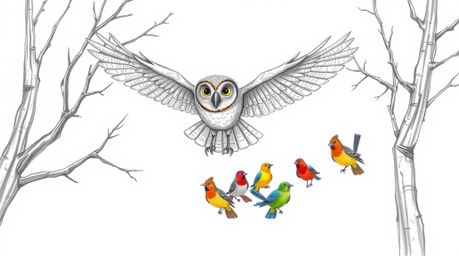 A captivating hand-drawn pencil sketch inspired by Pixar animation, featuring a wise and serene blind owl soaring gracefully 