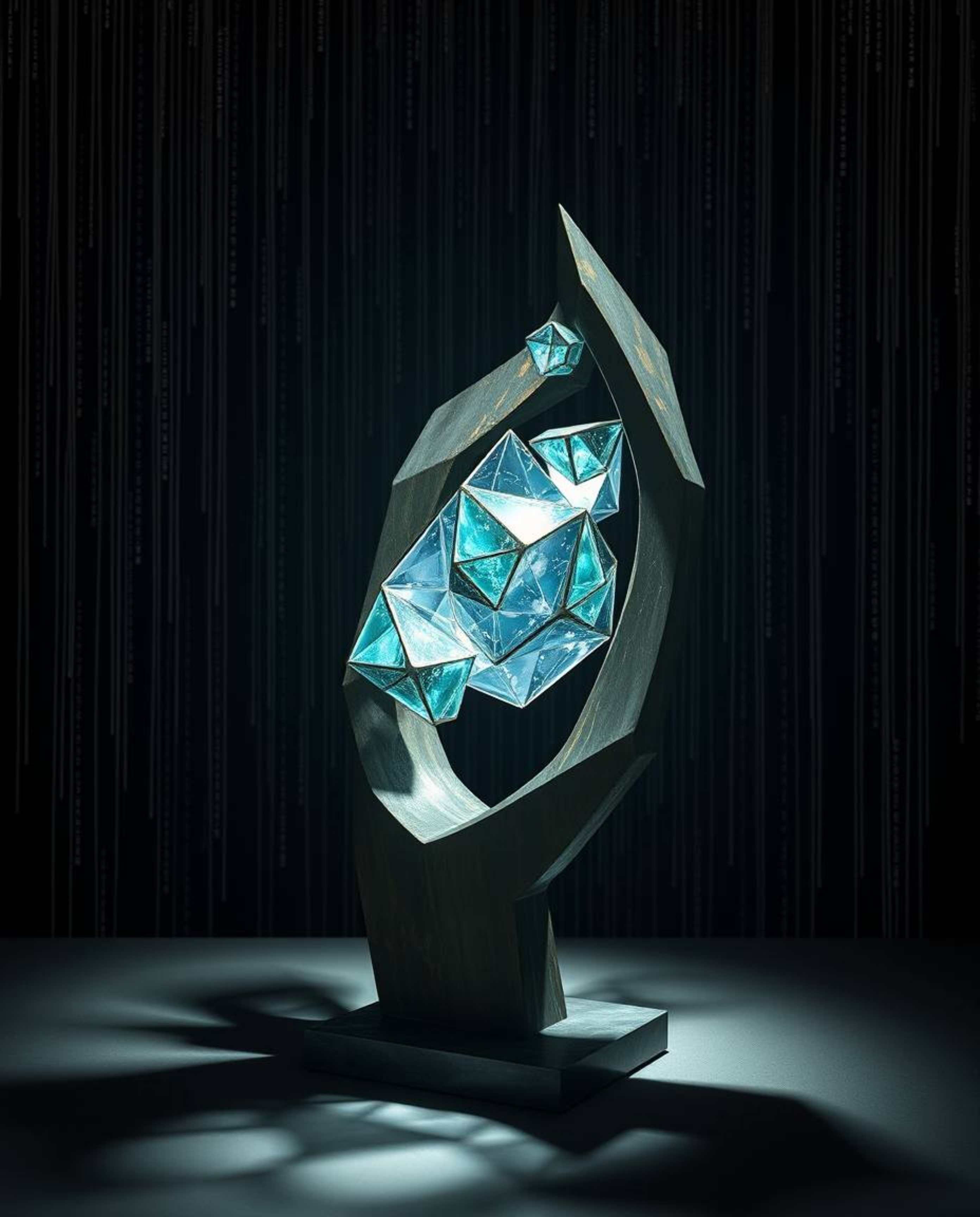 A captivating cast bronze sculpture featuring glitched geometric shapes floating within a cyberspace matrix.  The piece is dr