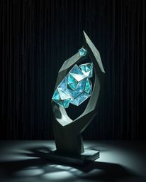 A captivating cast bronze sculpture featuring glitched geometric shapes floating within a cyberspace matrix.  The piece is dr