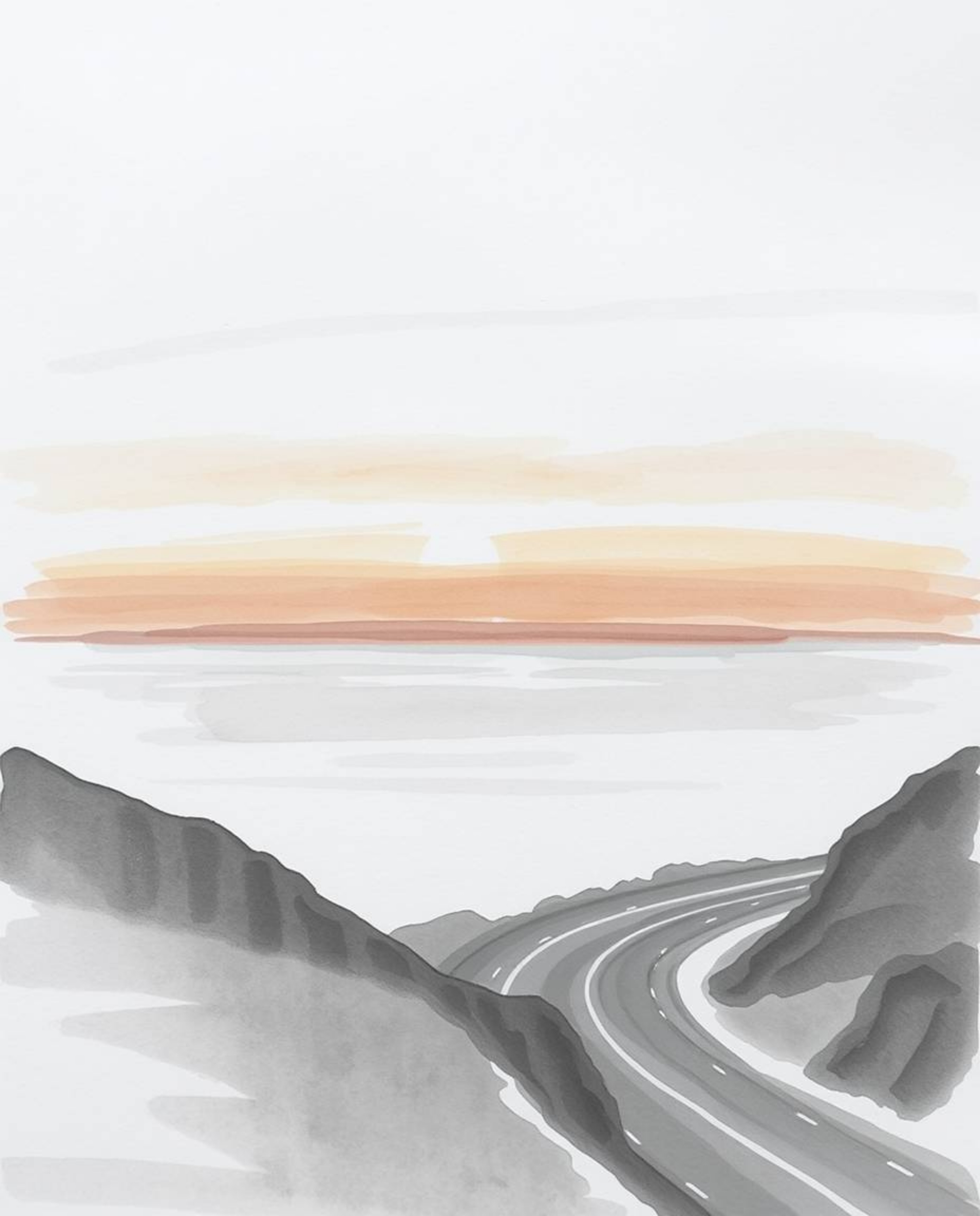 This delicate watercolor painting renders a sunset sky over a winding coastal highway in classic black and white, evoking a t