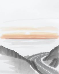 This delicate watercolor painting renders a sunset sky over a winding coastal highway in classic black and white, evoking a t