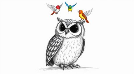 A Pixar-inspired, hand-drawn sketch depicts a wise, blind owl sitting serenely as brightly colored young birds playfully circ