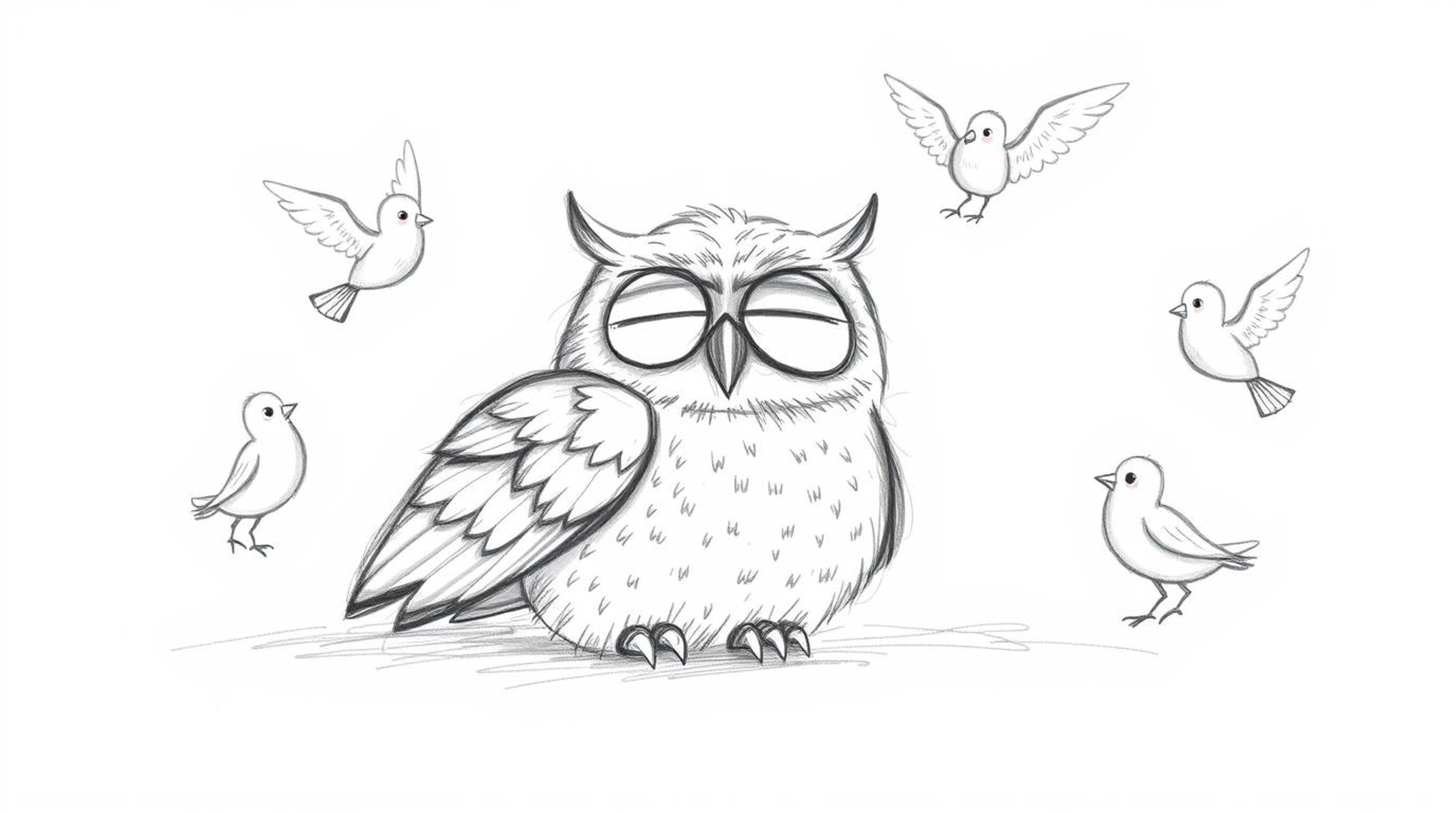 A heartwarming hand-drawn sketch in the style of Pixar portrays a blind owl, rendered with soft, feathery textures and rough 