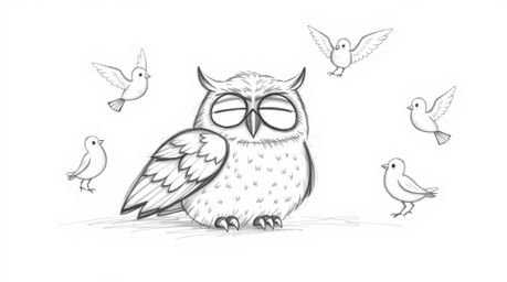 A heartwarming hand-drawn sketch in the style of Pixar portrays a blind owl, rendered with soft, feathery textures and rough 