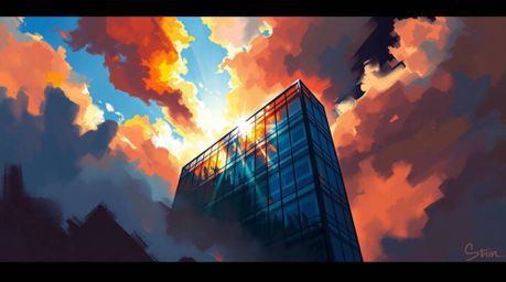 A dynamic digital sketch showcases a modern glass building seemingly dissolving into the sky, rendered with loose painterly s