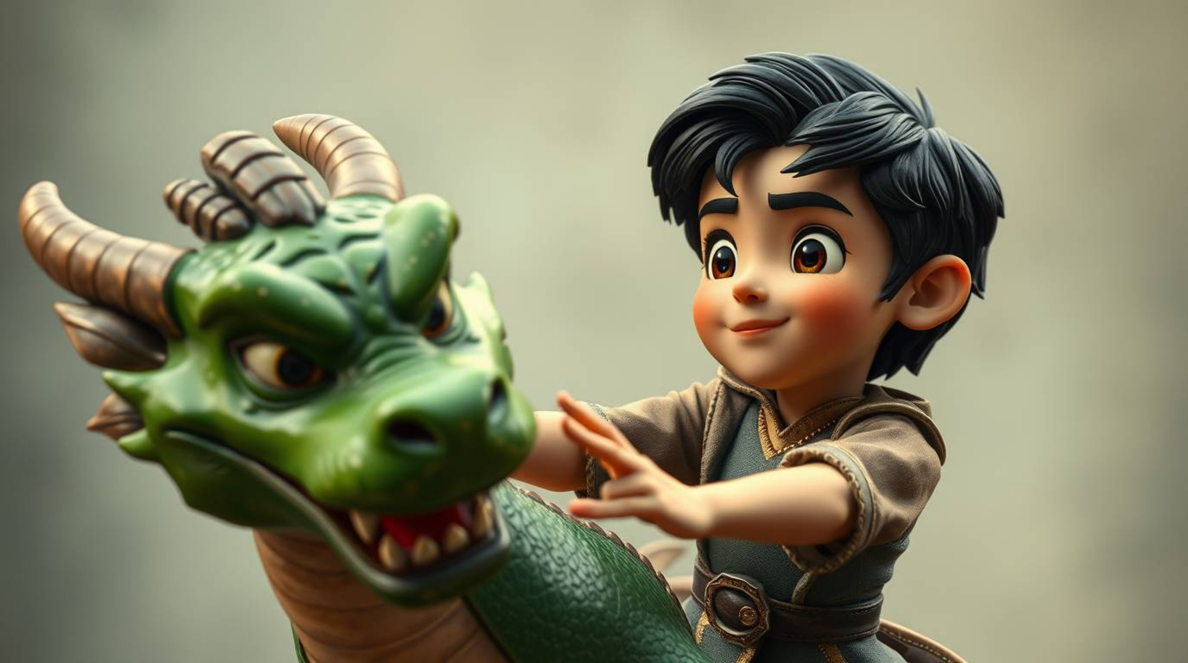 A captivating image depicts a charming prince with rosy cheeks and dark hair battling a vibrant green dragon. Rendered in a n