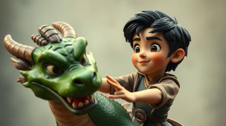 A captivating image depicts a charming prince with rosy cheeks and dark hair battling a vibrant green dragon. Rendered in a n