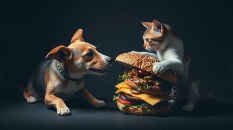 This photograph captures a graceful and elegant scene of a dog and a cat engaging in a playful tug-of-war over a massive sand
