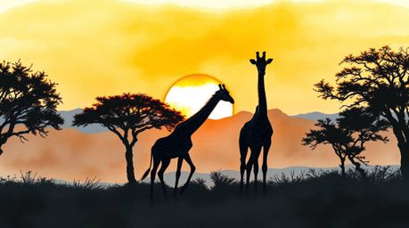 A captivating watercolor painting depicts a high-contrast, low-key savanna sunset. Silhouetted giraffes stand against the vib