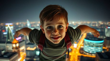 A striking image of a young boy with fair skin soaring above the iconic London cityscape, bathed in the ethereal glow of biol