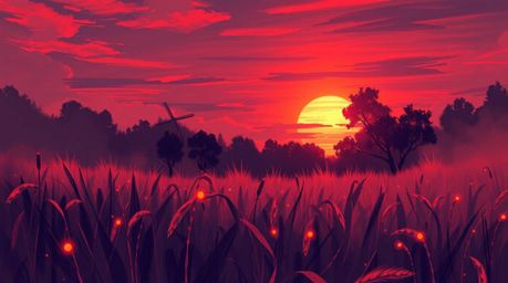 A captivating surreal digital sketch depicts a breathtaking sunset over a tranquil meadow, where fireflies begin to twinkle. 