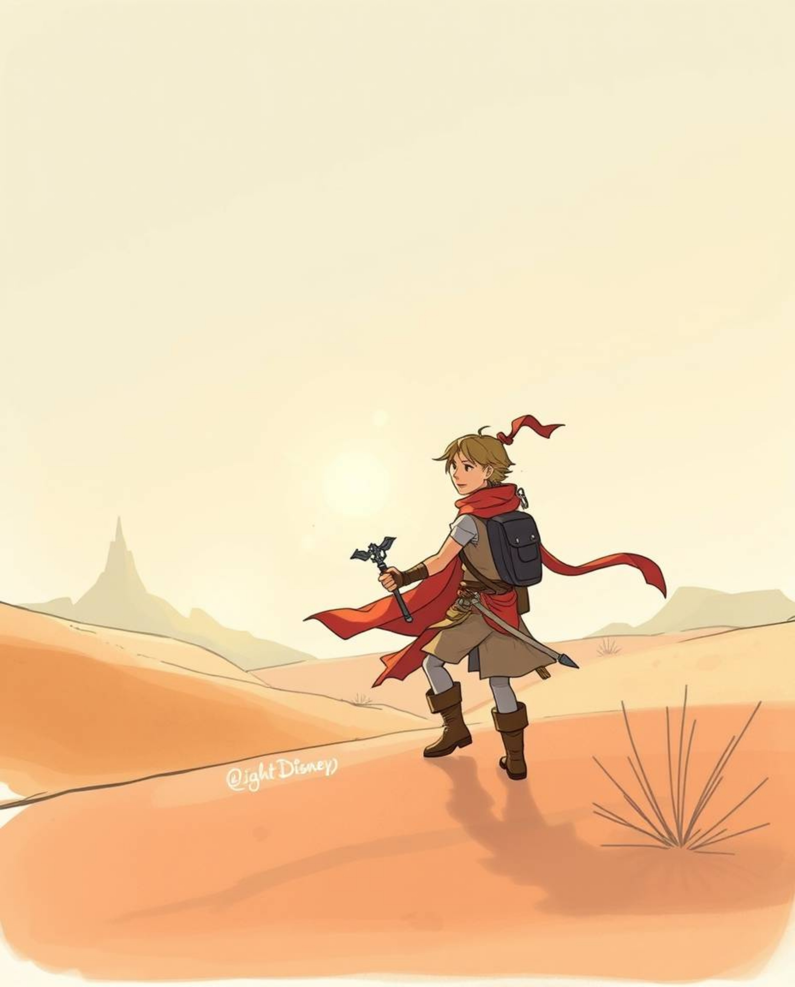 Discover a captivating hand-drawn sketchnote of a brave, Disney-style hero embarking on a mystical desert adventure. The eth