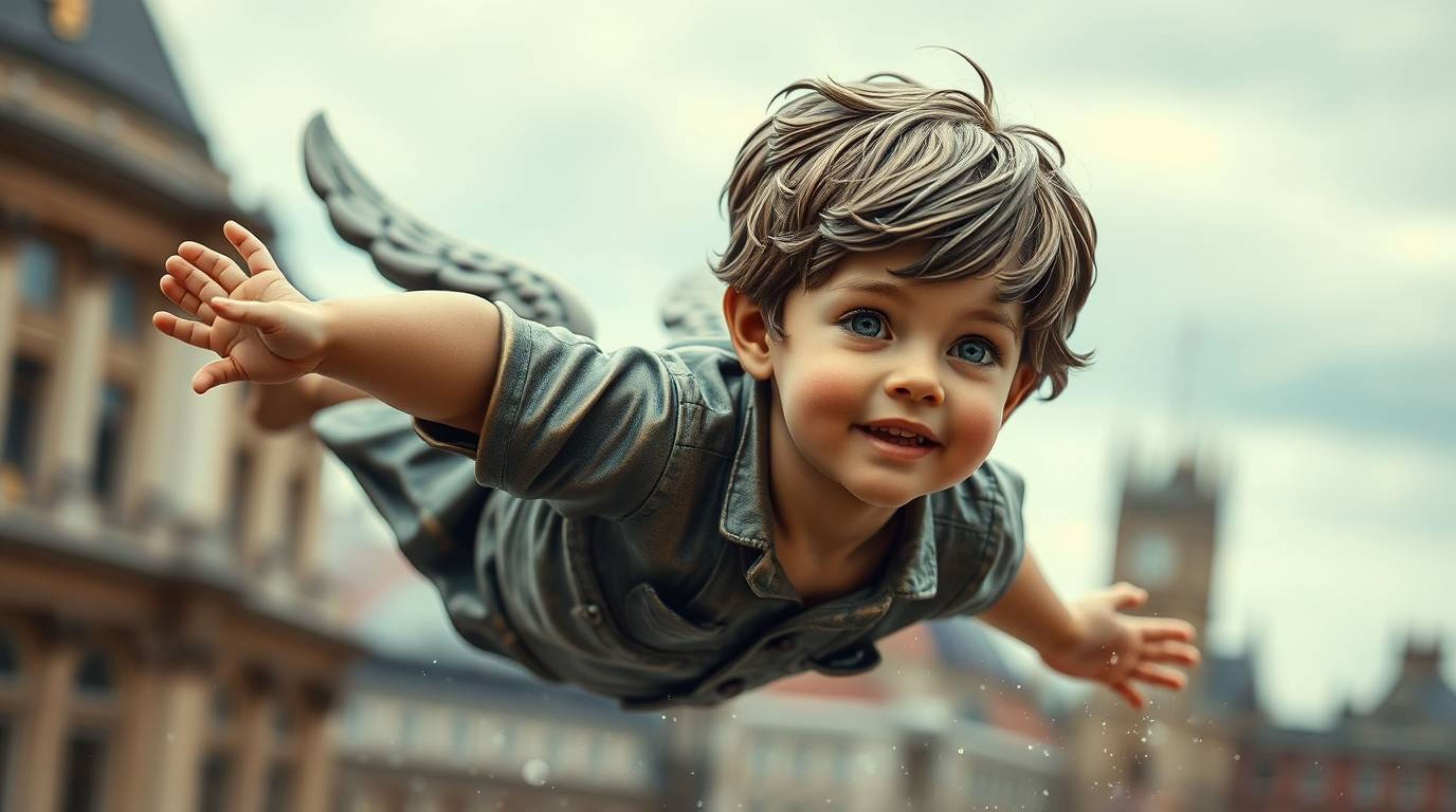 A young boy with rosy cheeks and tousled brown hair is captured in sharp focus as he flies amidst shimmering pixie dust above