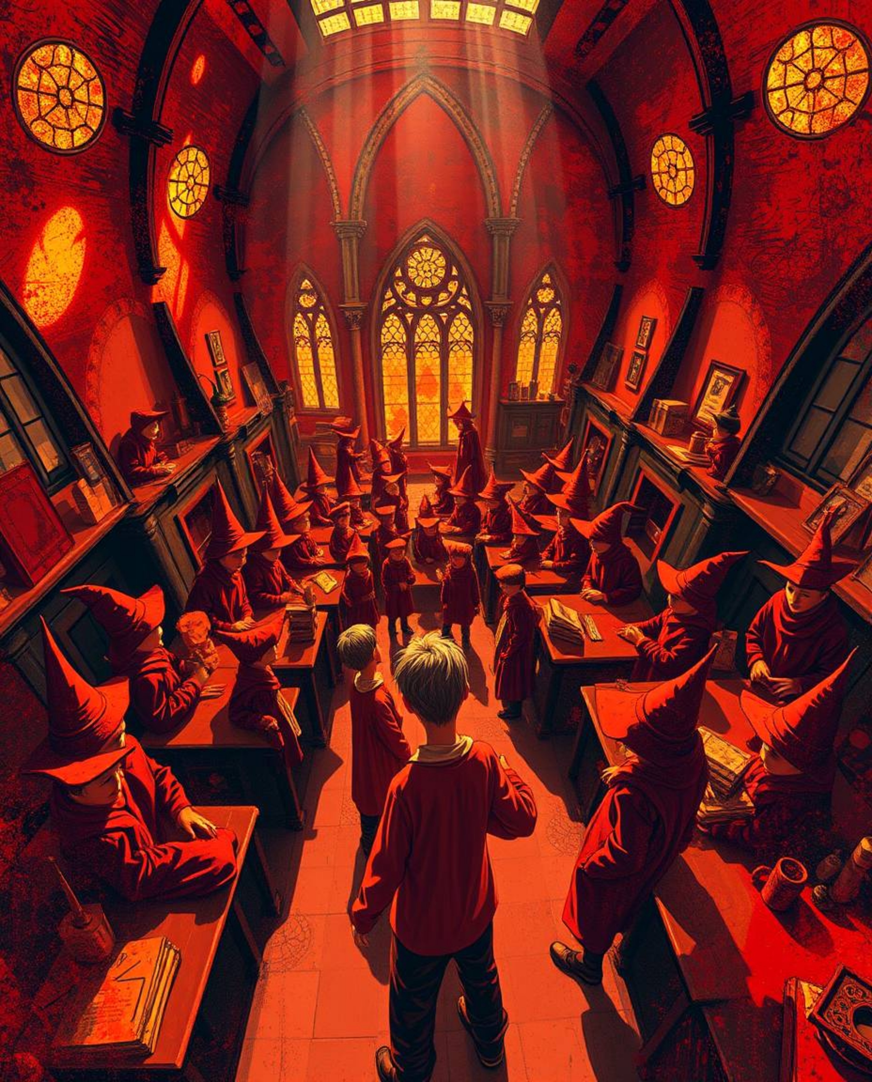 A magical school brimming with young wizards is presented from a welcoming high-angle perspective, bathed in creative lightin