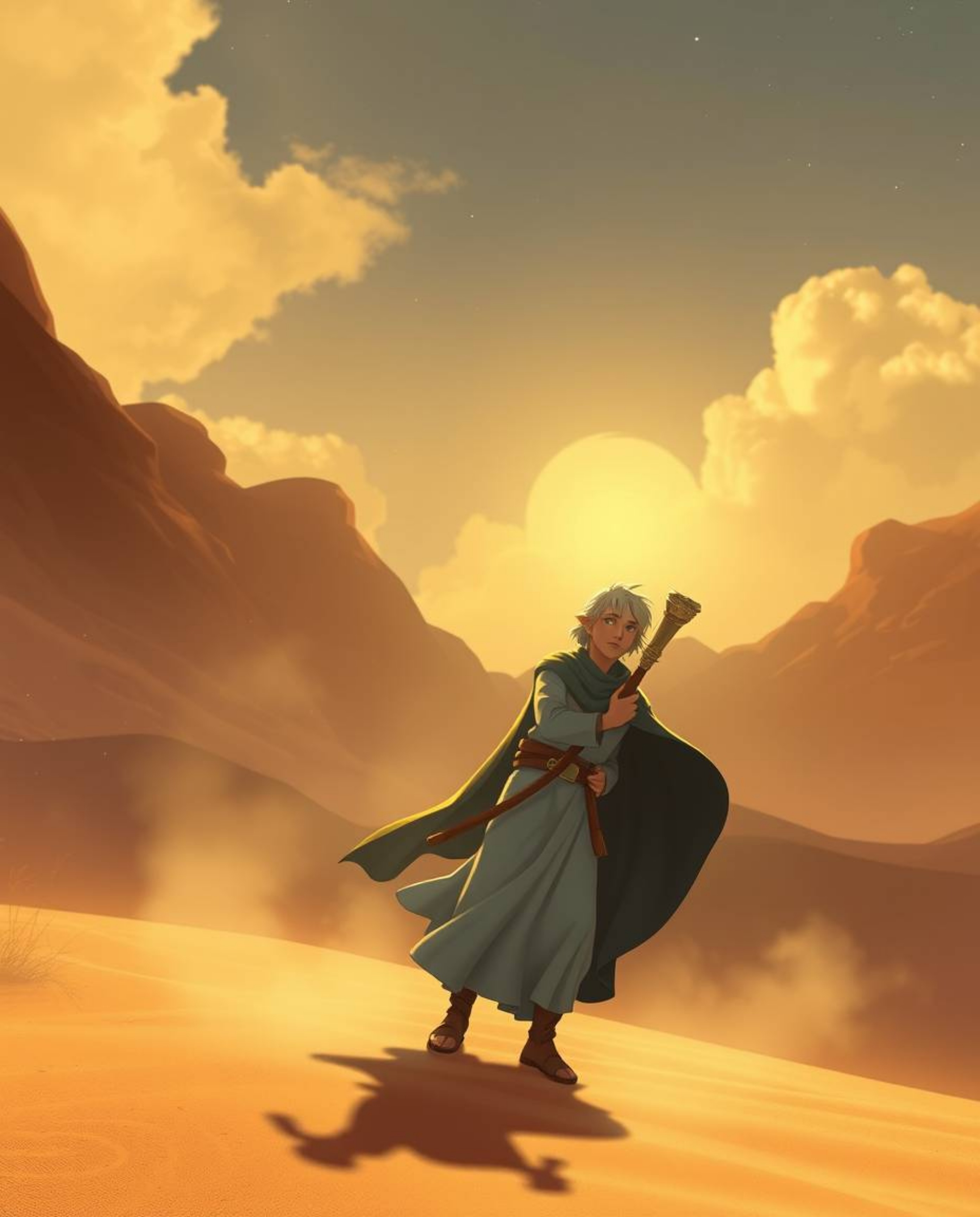 Embark on a captivating Disney-style desert adventure with a brave hero, radiating an ethereal, spiritual glow. Experience t