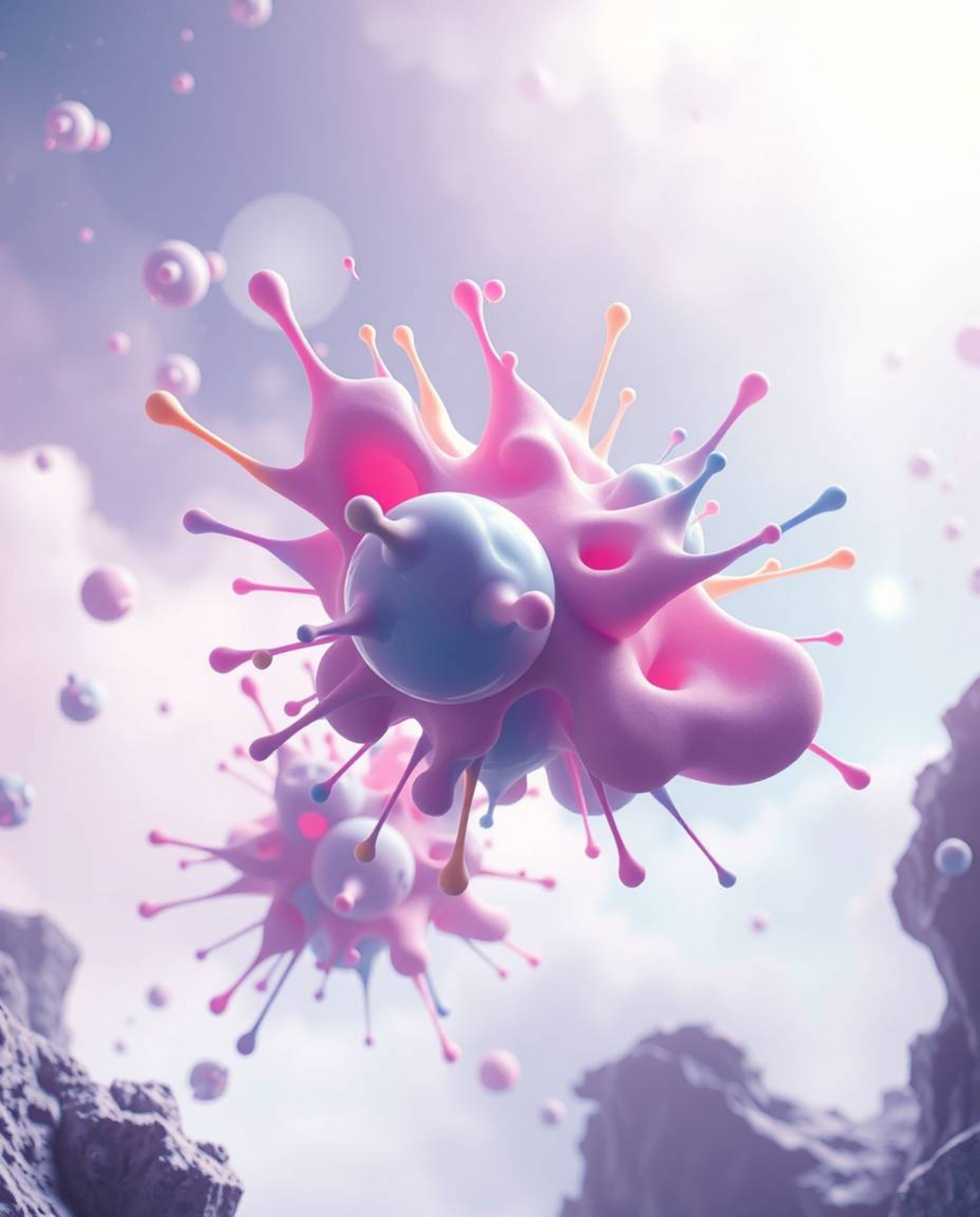 Experience a soft and dreamy atmosphere with a futuristic sci-fi edge in this abstract 3D art piece. Colorful splash shapes f