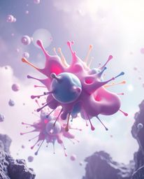 Experience a soft and dreamy atmosphere with a futuristic sci-fi edge in this abstract 3D art piece. Colorful splash shapes f