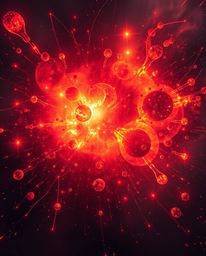 A captivating light art piece depicting a vibrant cosmic explosion where galaxies collide. Rendered in warm hues of red, oran
