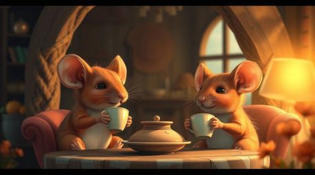 A captivating digital painting showcases anthropomorphic mice enjoying a delightful tea party within a cozy cottage. Rendered