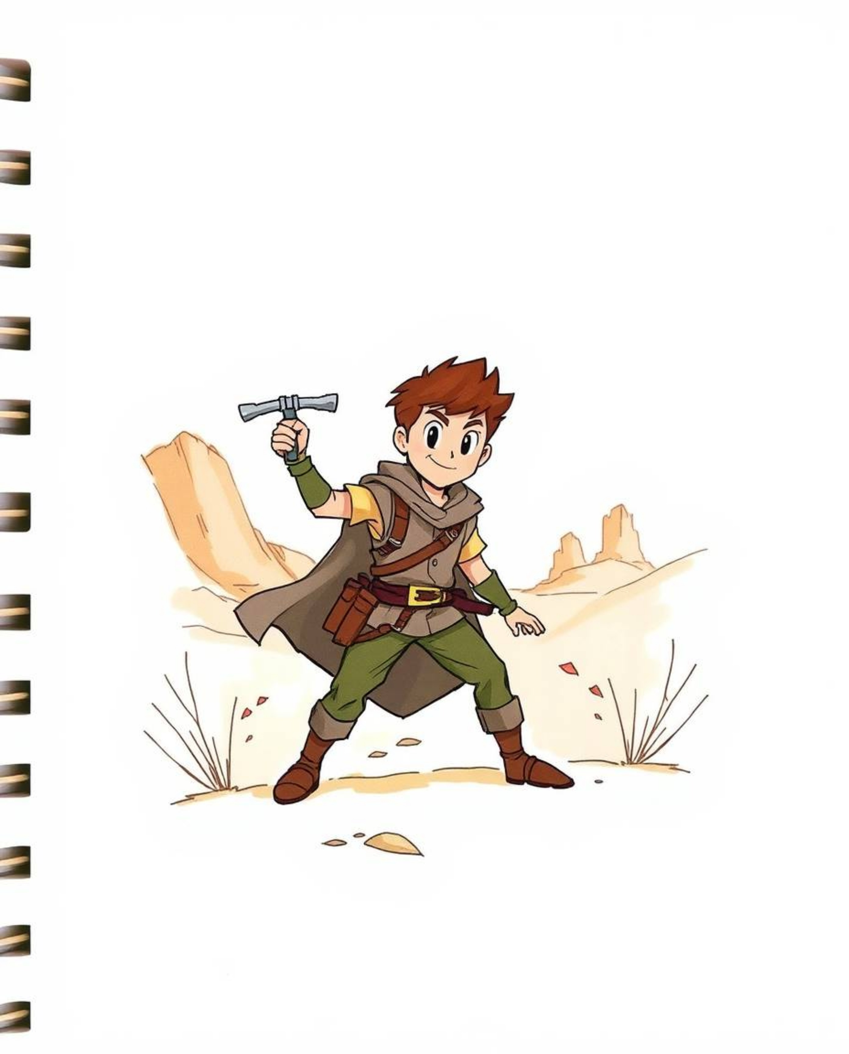 Explore a hand-drawn color sketchnote featuring a brave, Disney-style hero embarking on a thrilling desert adventure.  Captur