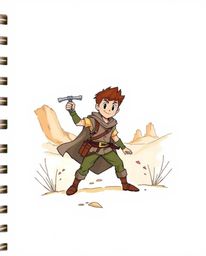 Explore a hand-drawn color sketchnote featuring a brave, Disney-style hero embarking on a thrilling desert adventure.  Captur