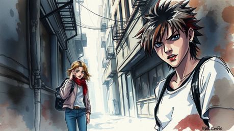Explore a captivating watercolor painting depicting a grungy city alley inhabited by rebellious teens. This artwork features 