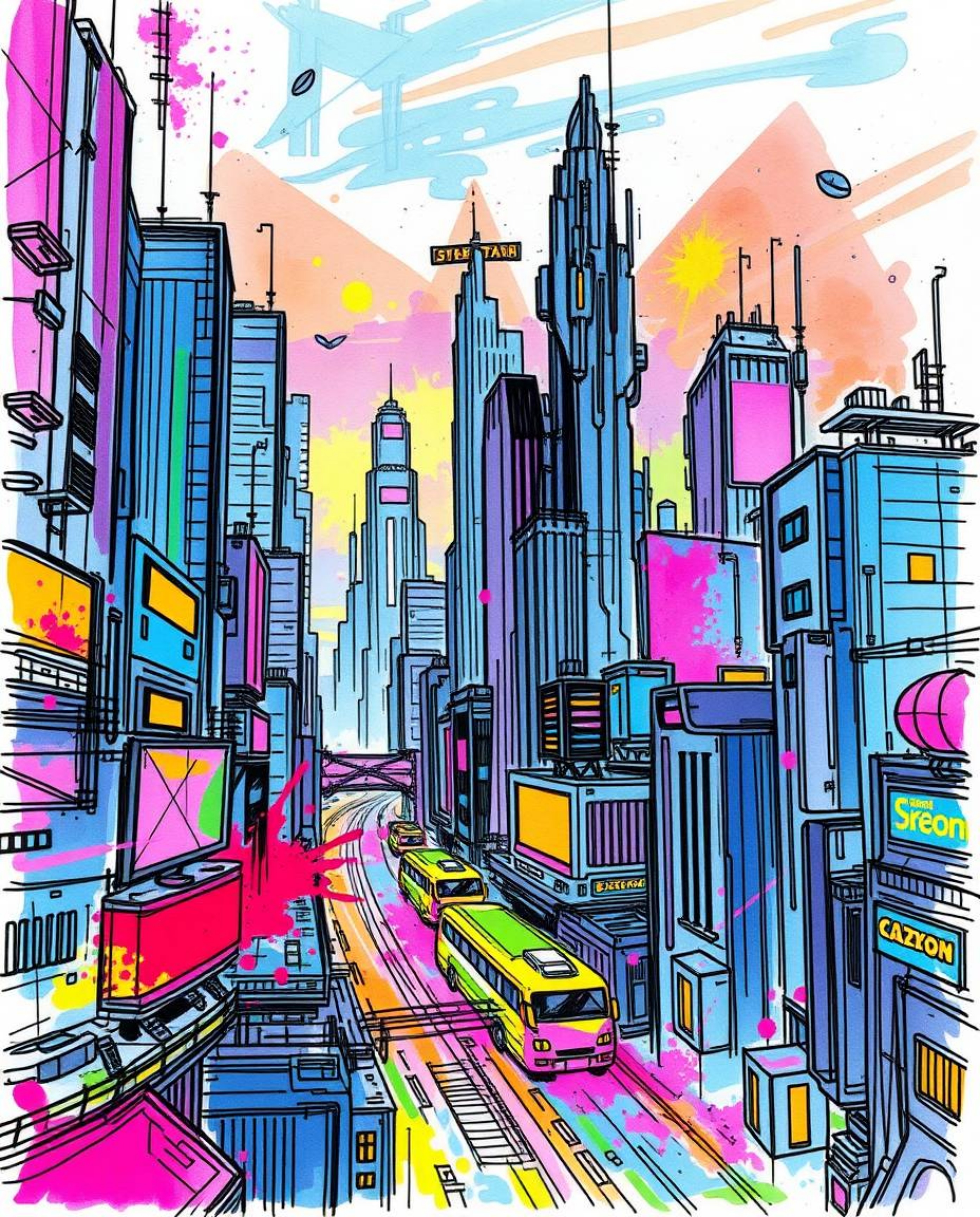 Experience the vibrant energy of a hand-drawn, futuristic cyberpunk cityscape brought to life with electric, vivid colors and