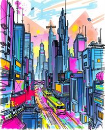 Experience the vibrant energy of a hand-drawn, futuristic cyberpunk cityscape brought to life with electric, vivid colors and