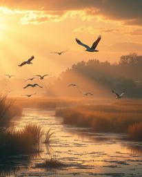 A modern, epic scene depicting Golden hour wetlands with herons flying. This image is characterized by its dramatic volumetri