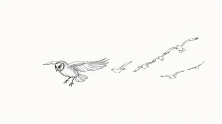 A hand-drawn sketch in the style of Pixar animation depicts a blind owl, its feathers subtly textured, leading a flock of bir