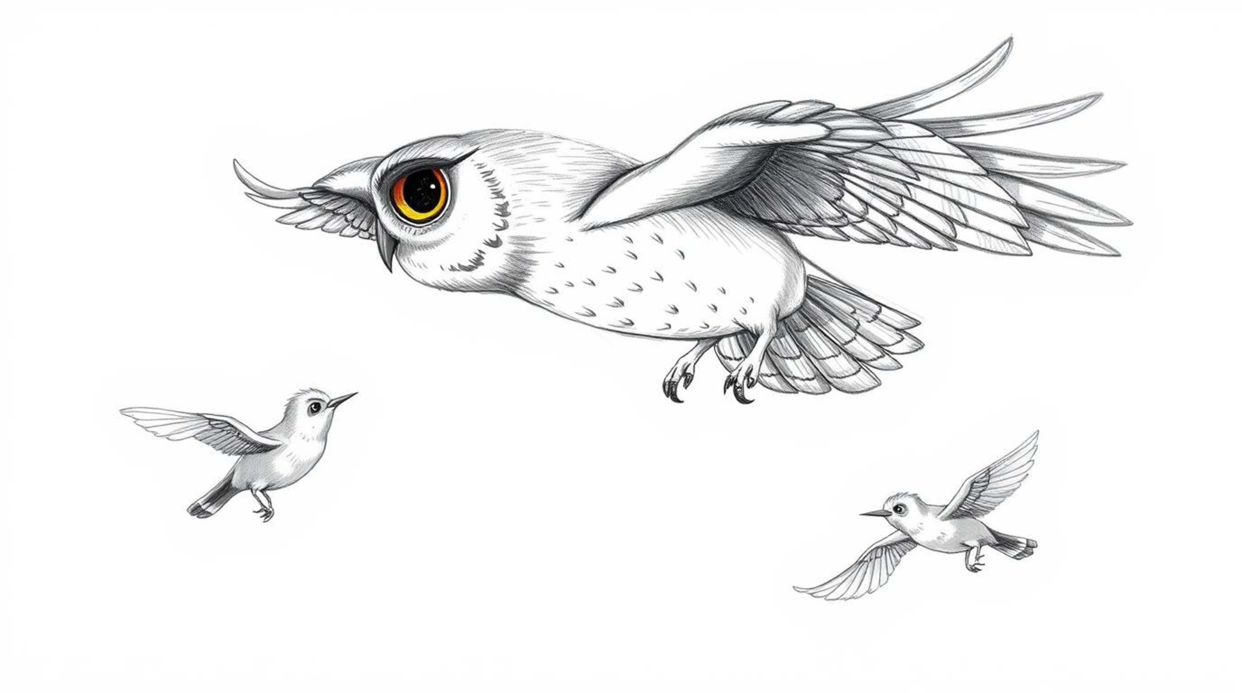 A heartwarming Pixar-inspired hand-drawn sketch depicts a blind owl with textured pencil strokes, gently guiding small birds 